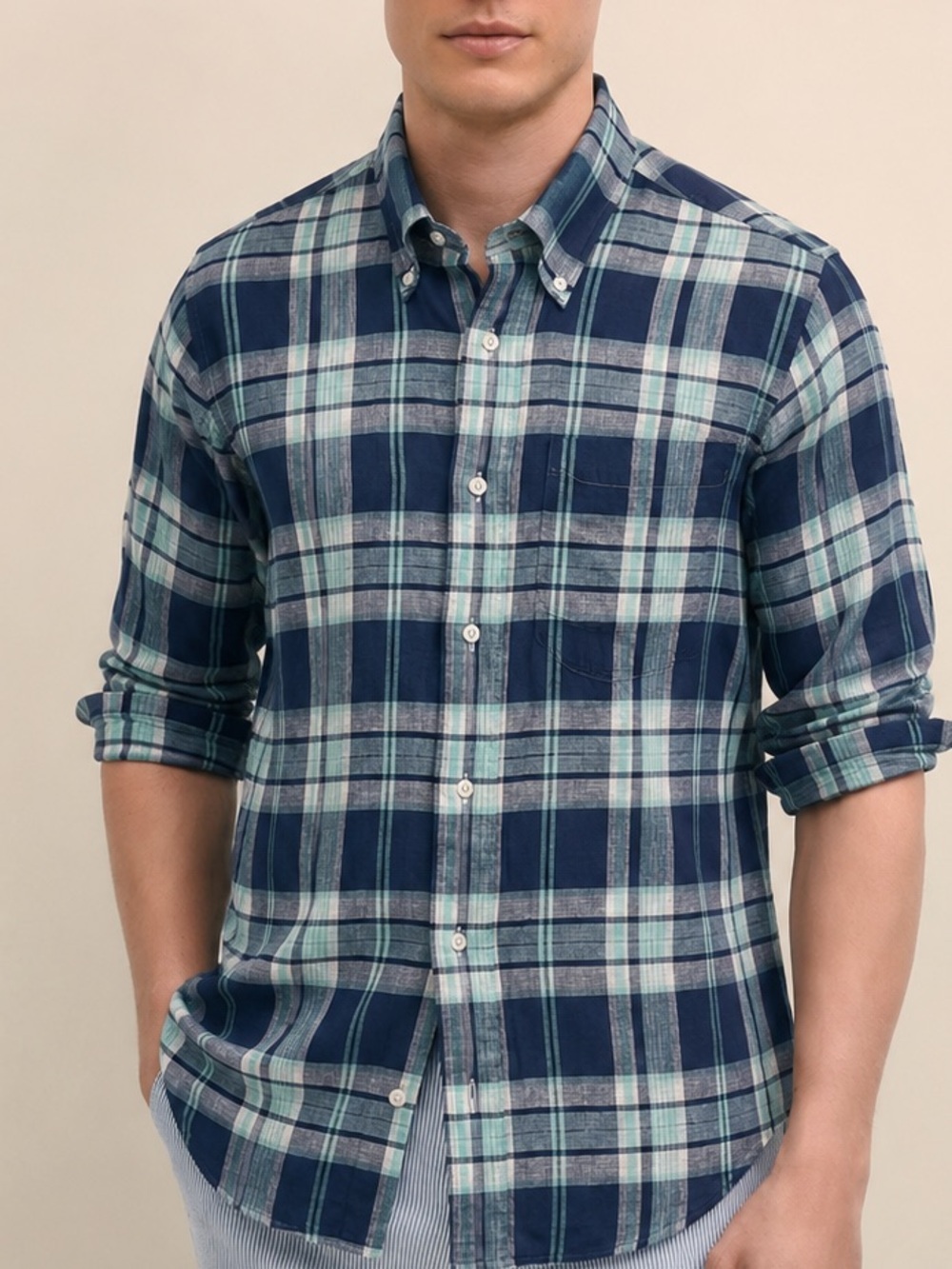 Brooks Brothers Madison 100% Linen Plaid Button-Down Shirt Blue Green Large